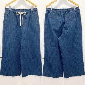 Loft 2021 Blue Thin Stripe Linen Blend High Rise Paper Bag Wide Leg Pants
